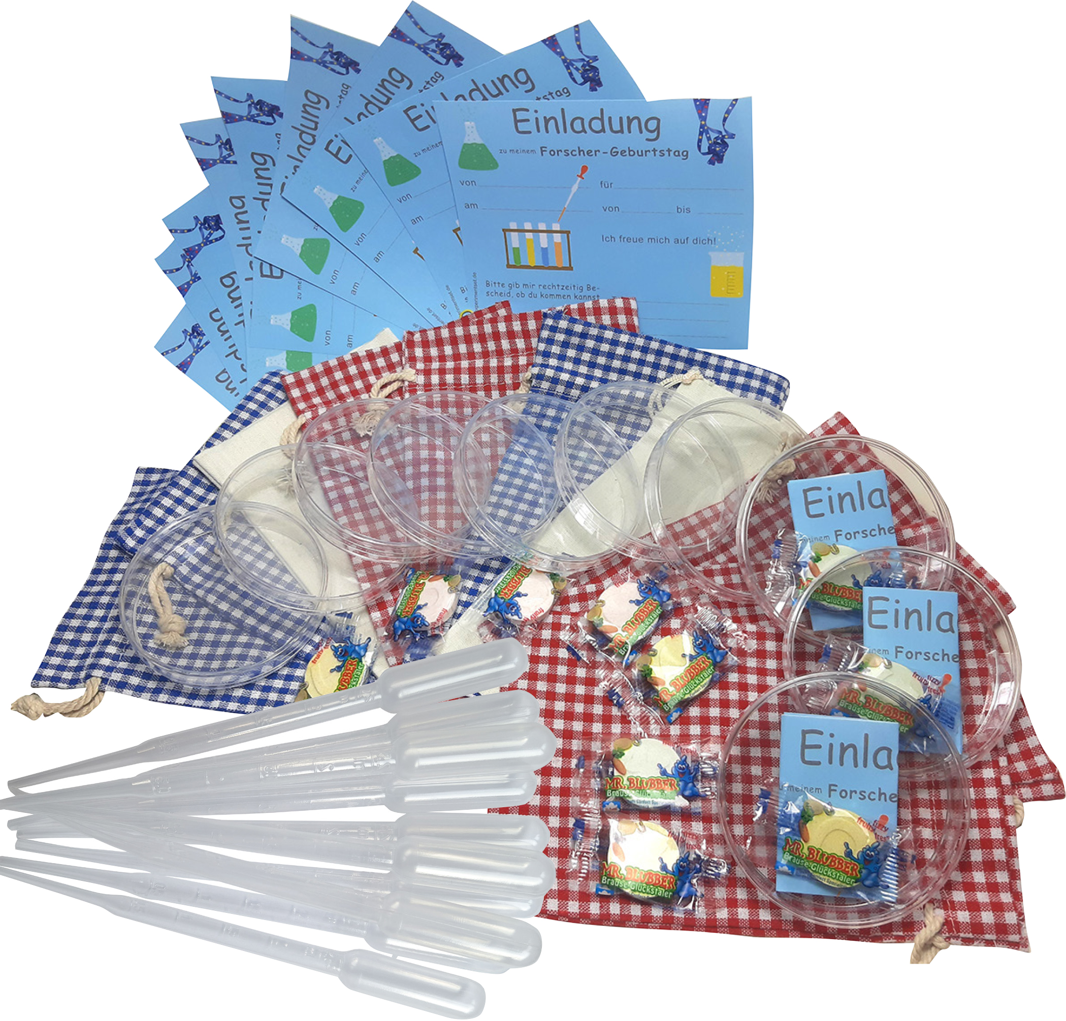 Forscher Shop Clevere kleine Experimente für neugierige Kinder und  Erwachsene - Einladungskarten Petrischale mit Pipetten, Bonbon und  Säckchen (blau), perfekt für eine gelungene Forscherparty