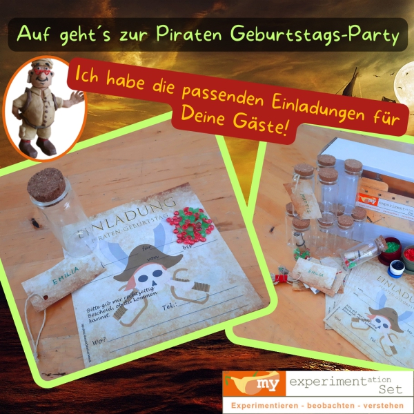 Einladungen zur Piratenparty als Flaschenpost, 10 Stück, myExperimentSet